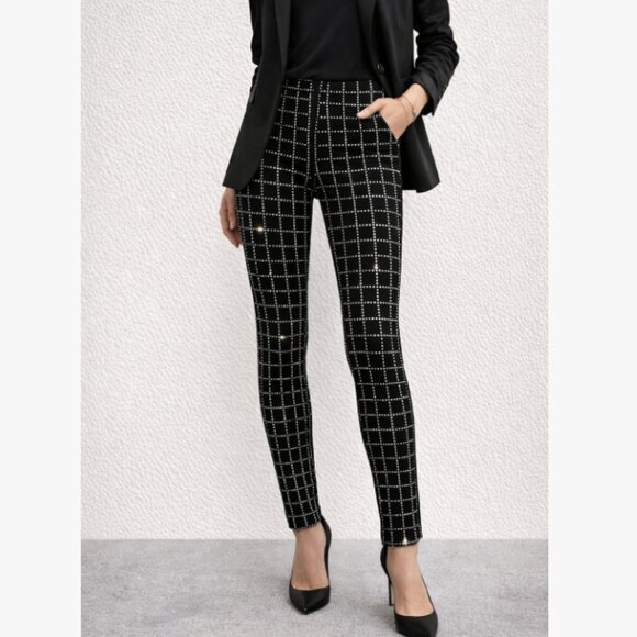 SHEIN Pants - Black Rhinestone Grid Pants Women Slim Stretch Sparkle Party Y2K Club Clubwear